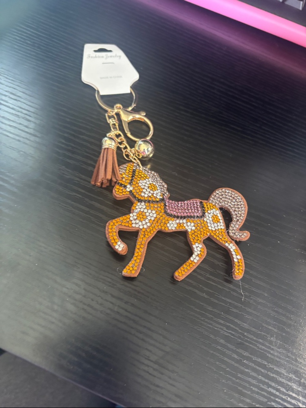 Rhinestone Horse Keychain with Tassel - Gold & Pink